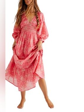 Free People Coral Floral V-Neck Maxi Dress